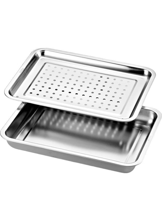 Yutai 304 Stainless Steel Square Plate, Draining Oil Tray, Dumpling Plate With Holes, Tea Tray, 35.5Cm - Image 3