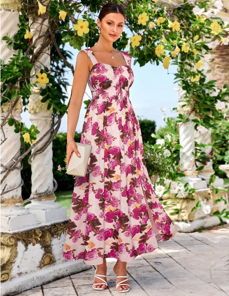 GRACE KARIN Summer Floral Dress for Women 2026,Off the Shoulder Smocked Bridesmaid Dresses,Formal Baby Shower Maxi Dresses Apricot Purple L - Image 3