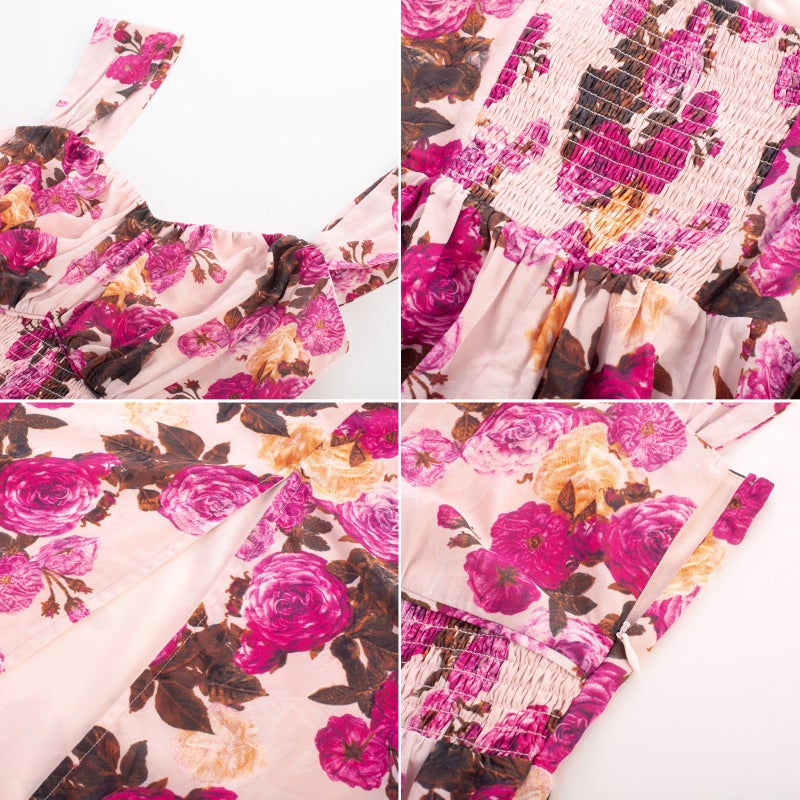 GRACE KARIN Summer Floral Dress for Women 2026,Off the Shoulder Smocked Bridesmaid Dresses,Formal Baby Shower Maxi Dresses Apricot Purple L - Image 5