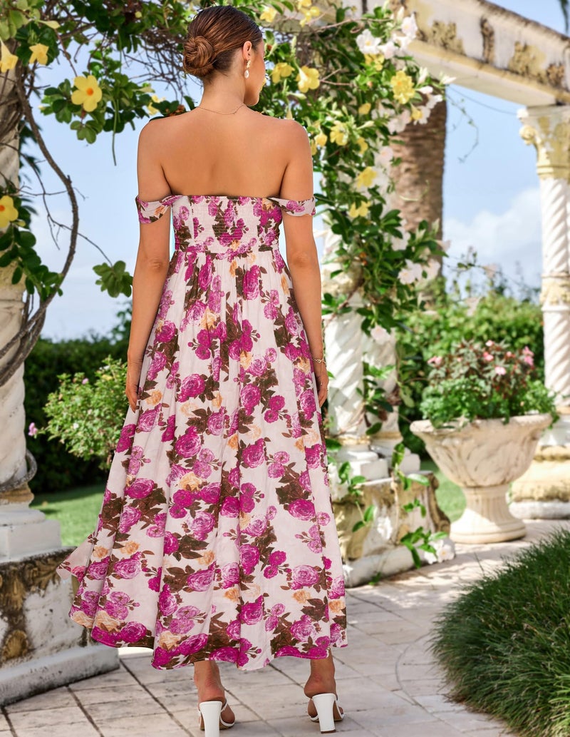 GRACE KARIN Summer Floral Dress for Women 2026,Off the Shoulder Smocked Bridesmaid Dresses,Formal Baby Shower Maxi Dresses Apricot Purple L - Image 4