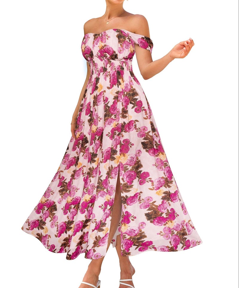 GRACE KARIN Summer Floral Dress for Women 2026,Off the Shoulder Smocked Bridesmaid Dresses,Formal Baby Shower Maxi Dresses Apricot Purple L - Image 1