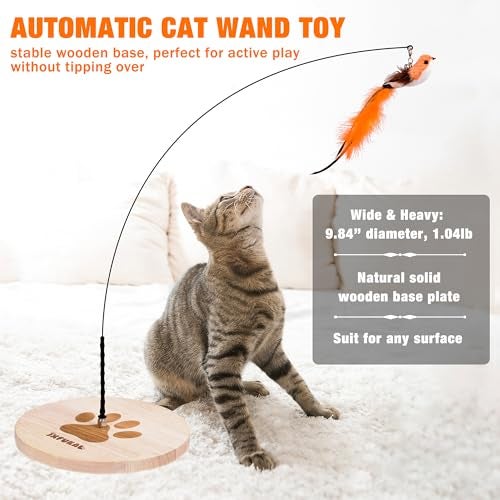 JXFUKAL Interactive cat Toy, Automatic Cat Wand Toy with Stable Wooden Base, 2 PCS Detachable Cat Teaser, 5PCS Refills Replacement & Hanging Elastic String, Kitty Kitten Toys Feather Spring Bird Toy - Image 2
