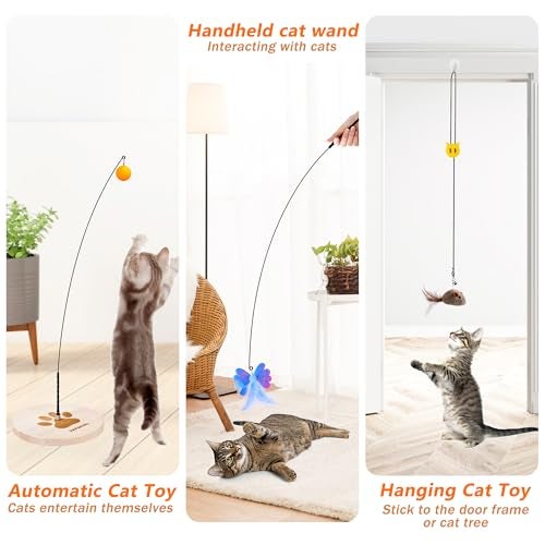 JXFUKAL Interactive cat Toy, Automatic Cat Wand Toy with Stable Wooden Base, 2 PCS Detachable Cat Teaser, 5PCS Refills Replacement & Hanging Elastic String, Kitty Kitten Toys Feather Spring Bird Toy - Image 4