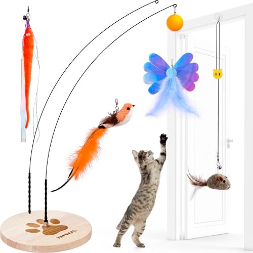 JXFUKAL Interactive cat Toy, Automatic Cat Wand Toy with Stable Wooden Base, 2 PCS Detachable Cat Teaser, 5PCS Refills Replacement & Hanging Elastic String, Kitty Kitten Toys Feather Spring Bird Toy - Image 1