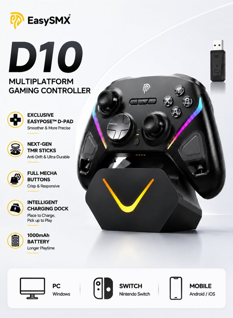 EasySMX D10 Wireless Gaming Controller – Bluetooth Gamepad with TMR Joysticks, Dual-Mode Triggers, Mechanical Buttons, 1000Hz Polling, RGB Lights – for PC, Switch, Android, iOS – with Charging Dock Brand: EasySMX - Image 1