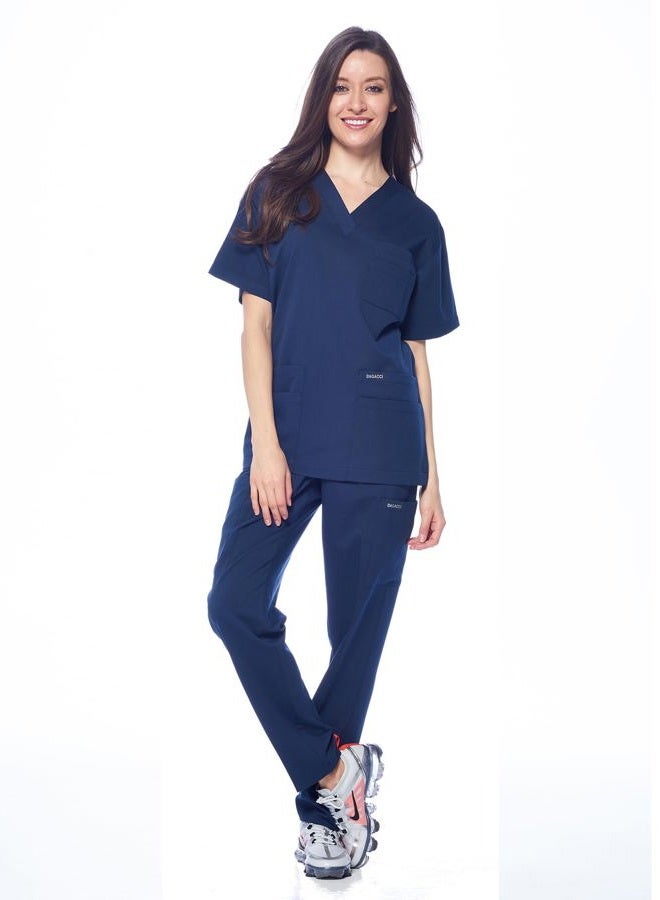 Dagacci Medical Uniform Unisex Women and Men's V-Neck Super Stretch Scrub Set, Navy, XS - Image 2
