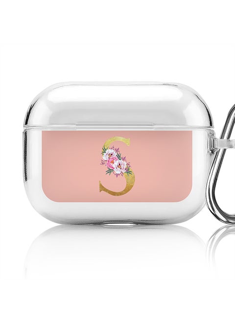 Classic Clear printed Case for Apple Airpods Pro Soft TPU Gel Thin Transparent Flexible Cover - Custom Monogram Initial Letter Floral Pattern Alphabet - S (Rose Pink )