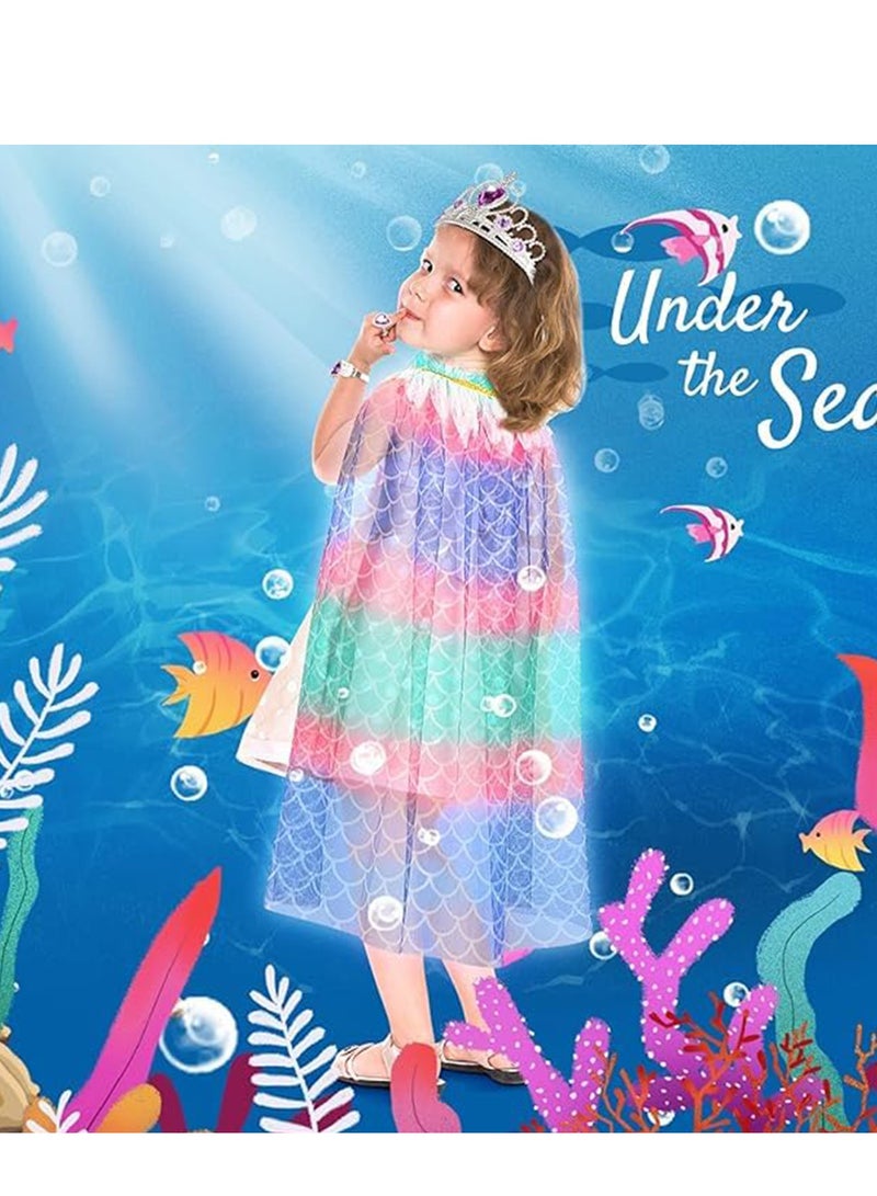 SYOSI Princess Cape for Kids, Princess Cloak with Tiara Crown for Little Girl, Dress Up Clothes Cape Cloak with Pendant, Earrings, Ring, Wand for Girl 3-8, Birthday Gift Mermaid Costume  - Image 5