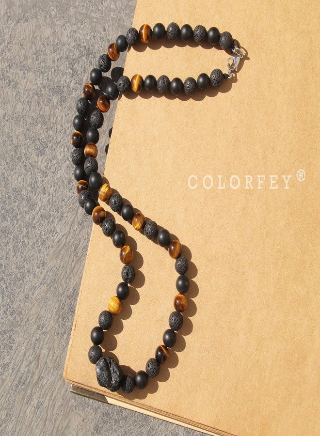 COLORFEY قلادة كريستال عين النمر من COLORFEY للرجال، خرز من حجر التورمالين الطبيعي وحجر الأونيكس وحجر اللابة، قلادة مصنوعة يدويًا من الأحجار الكريمة، هدايا مجوهرات للرجال للأب والزوج - Image 3