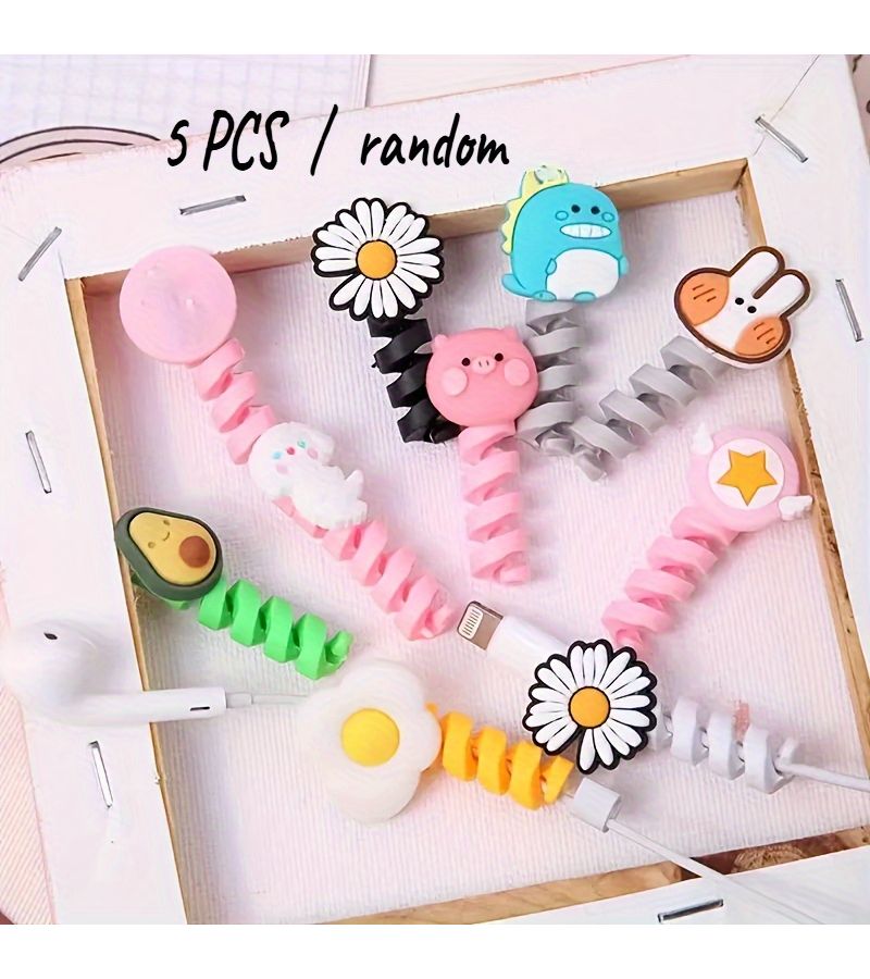 5pcs Random Styles Cute Cartoon Phone Data Cable Protectors Winders Extend Cable Lifespan Compatible with Various Data Cables - Image 2