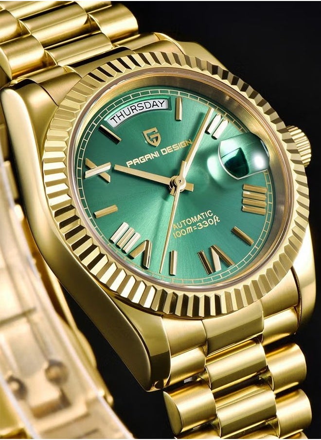 PAGANI DESIGN - Men's 36mm Automatic Sky Blue Stainless Steel Mechanical Business Sports Watch, Men's Luxury Watch PD-1752 Gold Green - Image 1