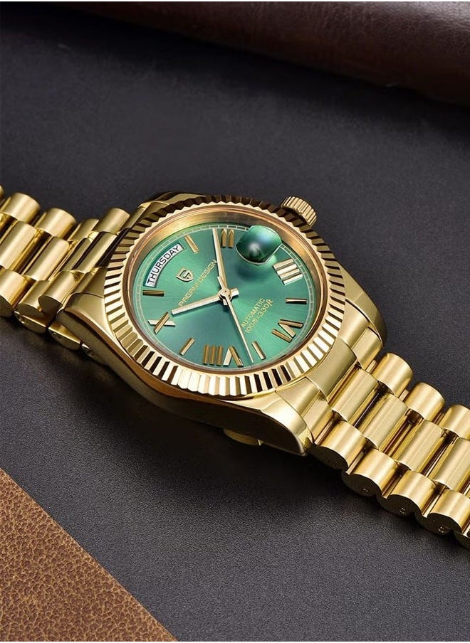PAGANI DESIGN - Men's 36mm Automatic Sky Blue Stainless Steel Mechanical Business Sports Watch, Men's Luxury Watch PD-1752 Gold Green - Image 1