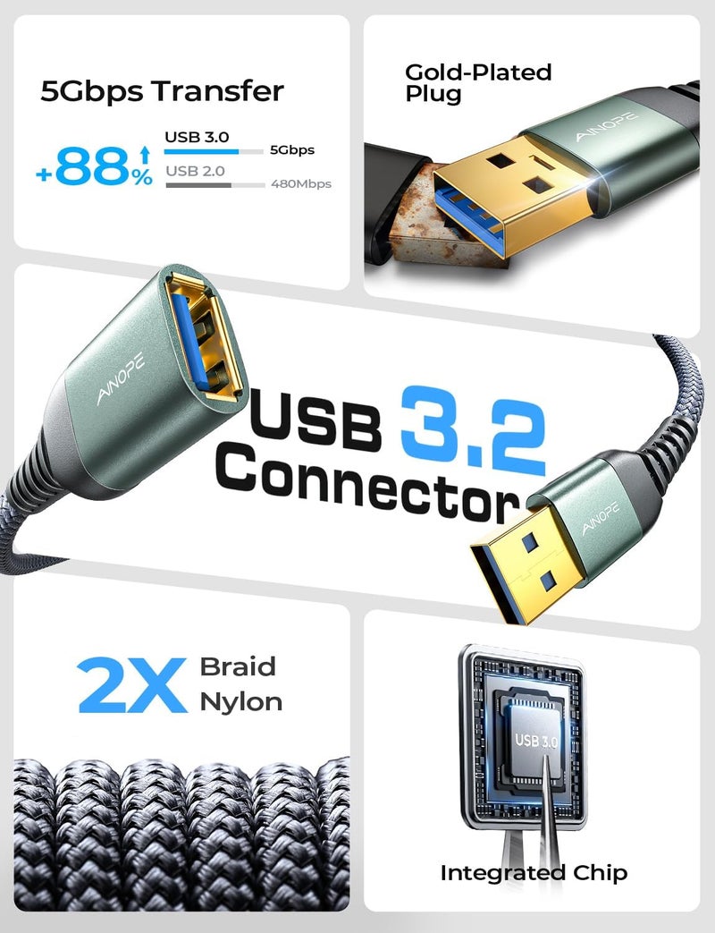 Ainope كابل تمديد USB، موسع USB، كابل تمديد USB 3.0، سلك ذكر إلى أنثى لنقل بيانات عالي متوافق مع كاميرا الويب، لوحة المفاتيح، محرك فلاش، القرص الصلب، الطابعة، 6.6 قدم، رمادي - Image 2