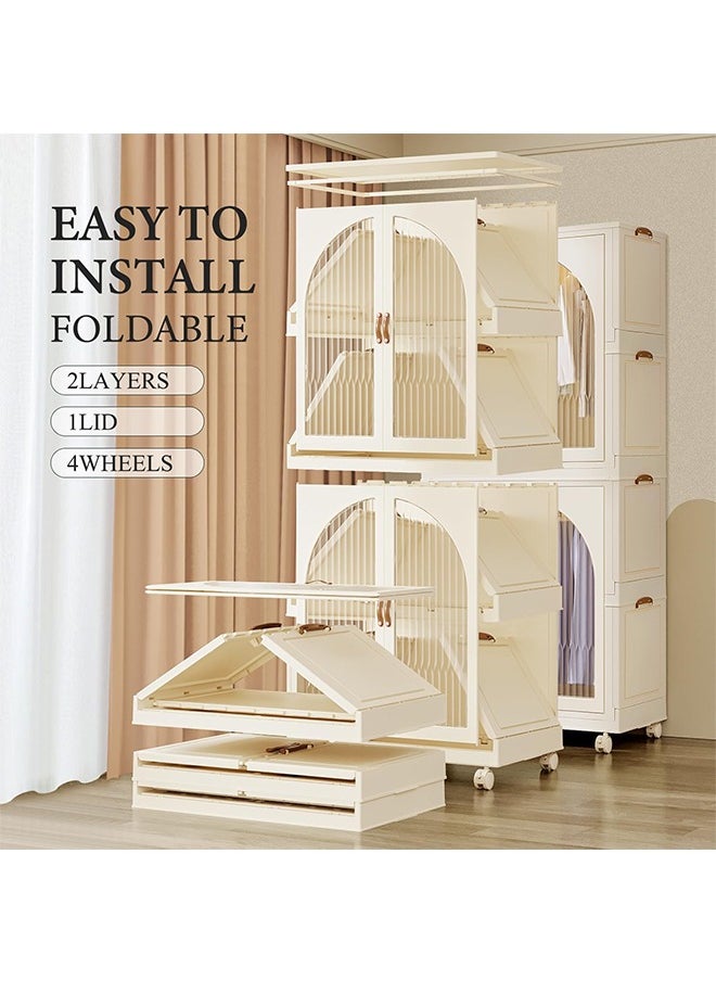 CityRiya-Long Kids Wardrobe Baby Closet Storage Organizer Portable Children Clothes Cabinet Storage Rack Toddler Dresser with Hanging Rod and Wheels for Boys Girls Clothing Nursery Armoire White  - Image 5