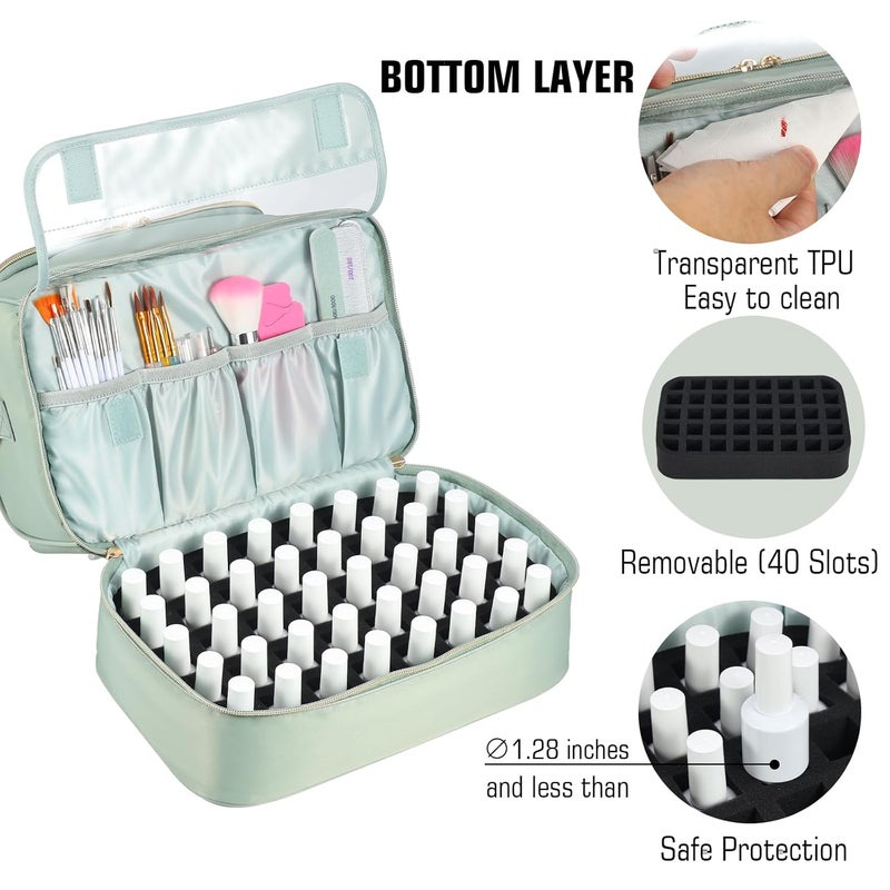 GR69N Nail Polish Organizer Case,Nail Storage Organizer Holds Nail Lamp & 50 Bottles Nail Polish,Travel Nail Tech Case,Waterproof Nail Kit Organizer Bag Fits Nail Supplies & Manicure Tools (Green) - Image 4