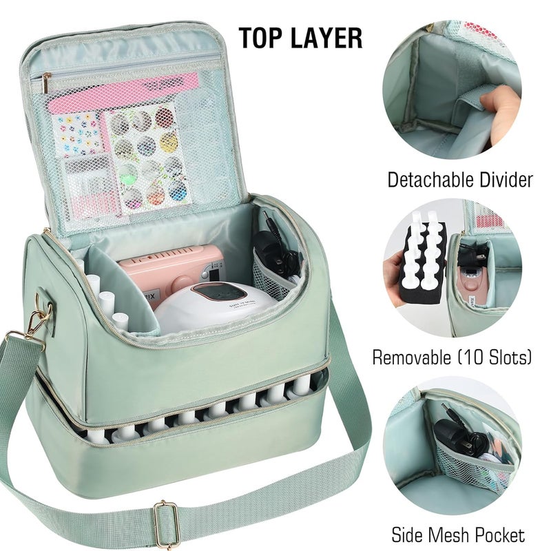 GR69N Nail Polish Organizer Case,Nail Storage Organizer Holds Nail Lamp & 50 Bottles Nail Polish,Travel Nail Tech Case,Waterproof Nail Kit Organizer Bag Fits Nail Supplies & Manicure Tools (Green) - Image 3