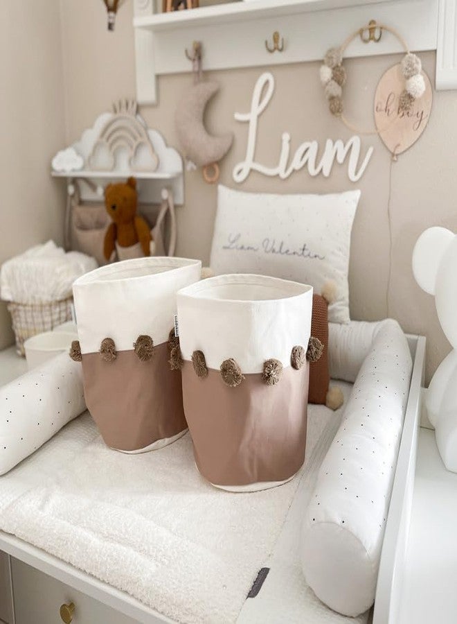 toddlekind Organic Cotton Nursery Storage Bins with Pom Pom Accents | Small (9 x 10") | Ideal for Baby Registry | Stylish and Versatile Fabric Baskets for Toys, Diapers, and More, Tan (Taupe) - Image 2