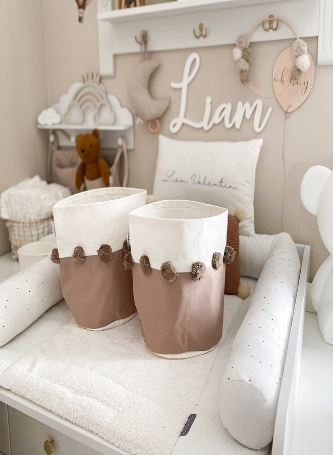 toddlekind Organic Cotton Nursery Storage Bins with Pom Pom Accents | Small (9 x 10") | Ideal for Baby Registry | Stylish and Versatile Fabric Baskets for Toys, Diapers, and More, Tan (Taupe) - Image 3