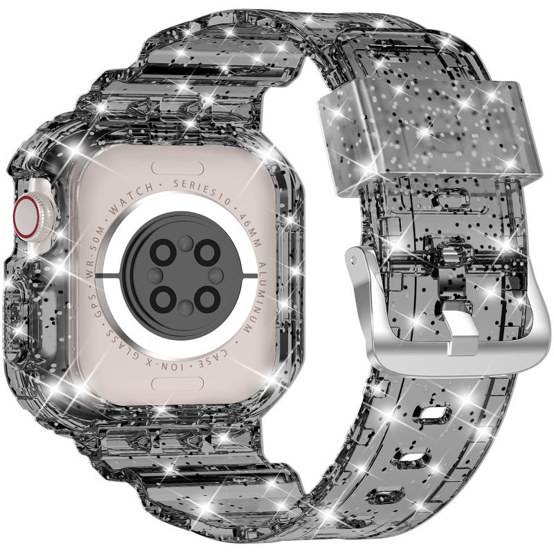 XYF Compatible for Crystal Clear Apple Watch Bands, 46mm Series 11 10 Bumper Case for Men Women Jelly Sport Cover Strap for iWatch Ultra 3 2 Series 11 10 9 8 7 SE 6 5 4 3 (Glitter Black, 46) - Image 2