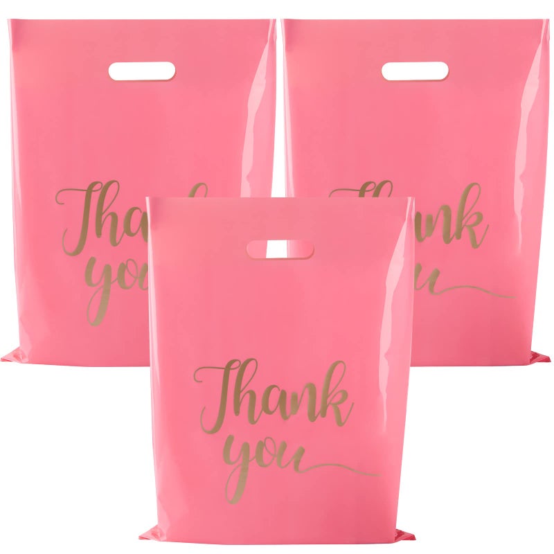 ZORRITA 100 Pack Thank You Bags for Small Business 12 x 15 Inch Plastic Shopping Bags with Handles Retail Merchandise Bag Extra Thick Gift Bag Bulk Pink