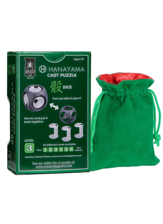 Deluxe Games and Puzzles Dice Hanayama Brain Teaser Puzzle, Level 3, New In 2022 With Green Velvet, Red Satin Drawstring Pouch, Bundled  - Image 1