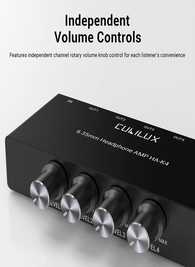 Cubilux 4-Channel 6.35 Headphone Amplifier Aluminum Audio Amp,Ultra-Low Noise Mini Earphone Splitter for Music Sharing/Monitoring, 1/4 "TRS Headphone Output and TRS Audio Input-DC 5V Power Supply - Image 4