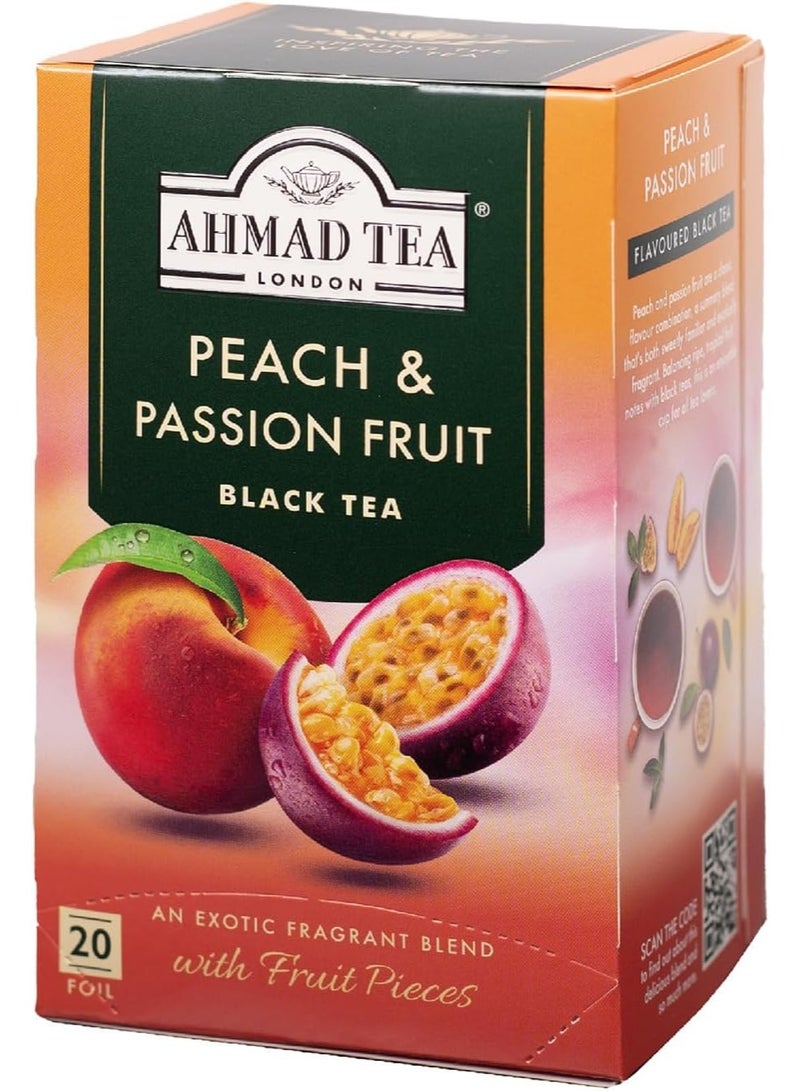 أحمد تي شاي أحمد تي أسود بنكهة الخوخ والباشن فروت مع قطع فاكهة، 20 كيس شاي