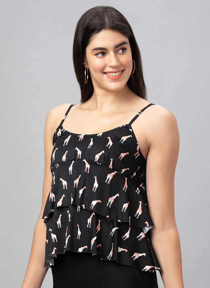 globus Globus Women Black Printed Strappy Tiered Crop Top