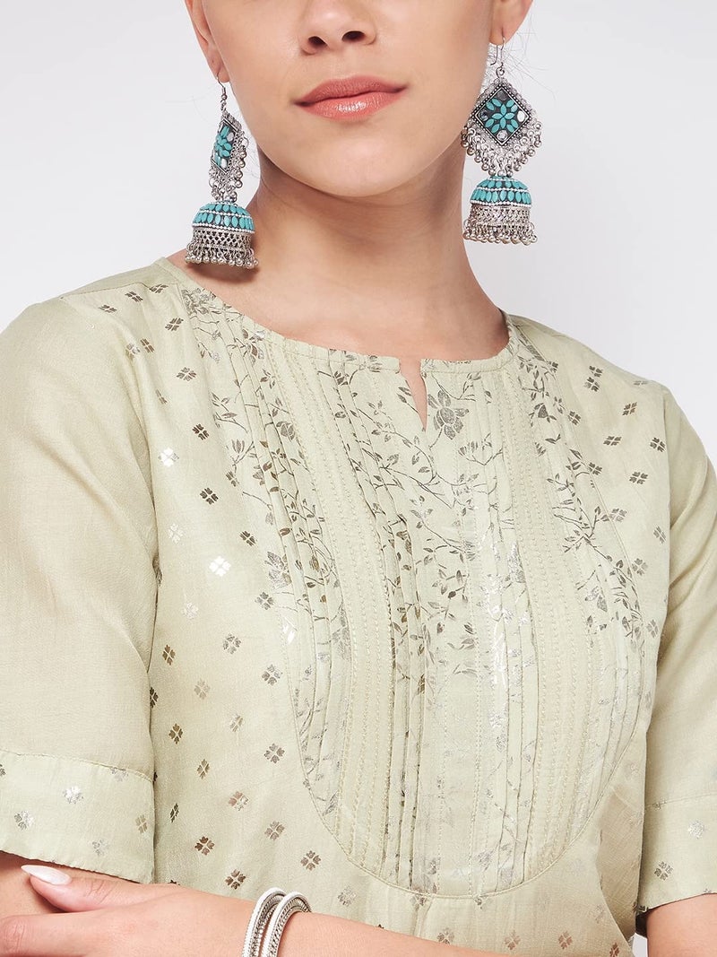 Pannkh Women's Festive Foil Printed Straight-Fit Kurta Lightweight Cotton Kurti with Shiny Foil Detailing for Special Occasions Pista Green - Image 2