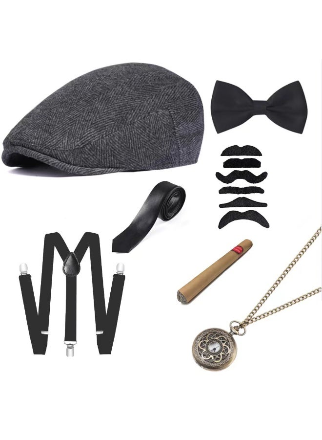 1920s Gatsby Costume for Men, Fancy Dress Accessories Set 7 Pieces 1920s Men Accessories Set Includings Beret Hat, Adjustable Elastic Suspenders, Bow Tie, Vintage Pocket Watch and Toy Handle - Image 1