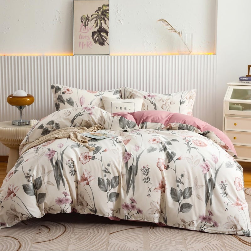 OAITE Duvet Cover Set King Size Floral Pattern Soft Long Staple Cotton Duvet Cover Sets 3-PC, Breathable Duvet Cover with Zipper Closure & Corner Ties - Image 1