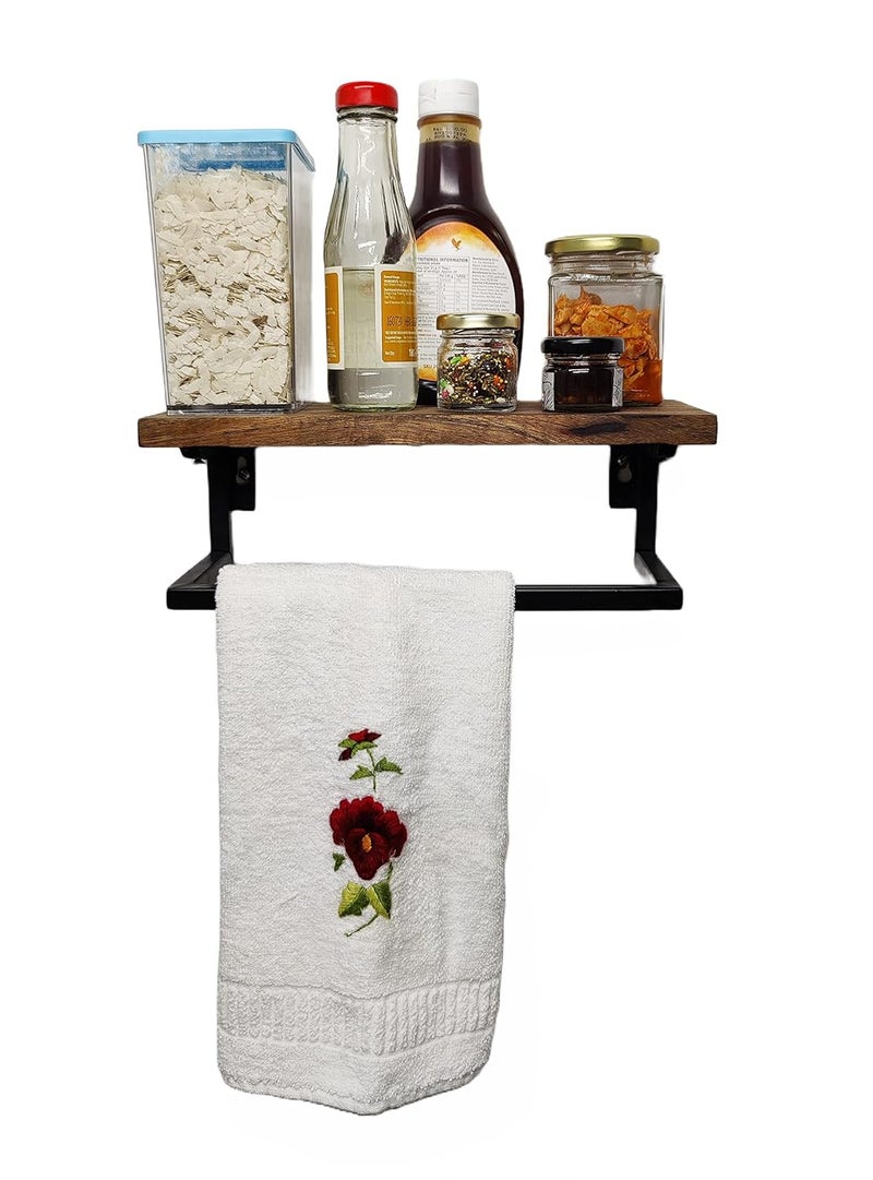 Appeasy appeasy Wooden 12 inch Wall Mounted Storage Shelves with Towel RackTowel Holder with Shelf for Kitchen BathroomBlack Metal Frame Set of 1 - Image 2