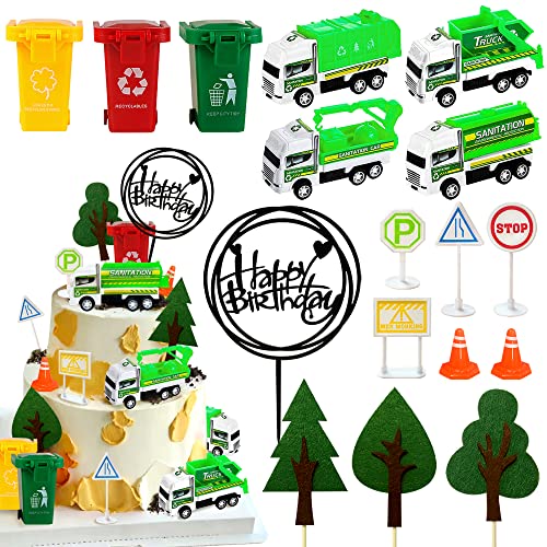 KDPATFAV 17PCS Garbage Truck Cake Topper Trash Truck Cake Decorations Trash Can Birthday Party for Waste Management Party Supplies - Image 1