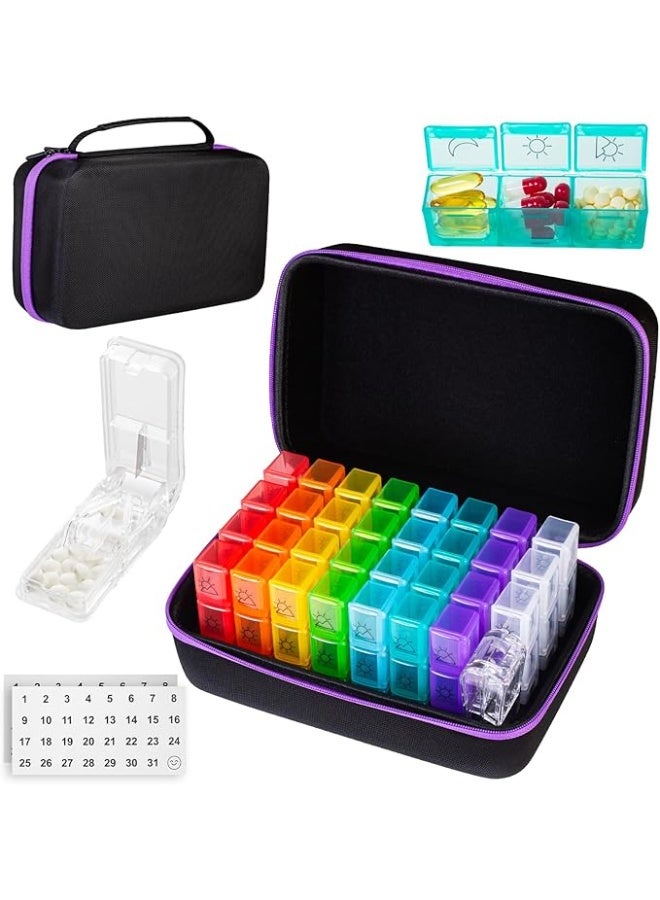 LENND Pill Organizer 3 Times a Days, Medicine Organizer Box with Portable Hard Shell and Pill Cutter, 31 Day Pill Box with Monthly and Weekly Sticker - Image 1