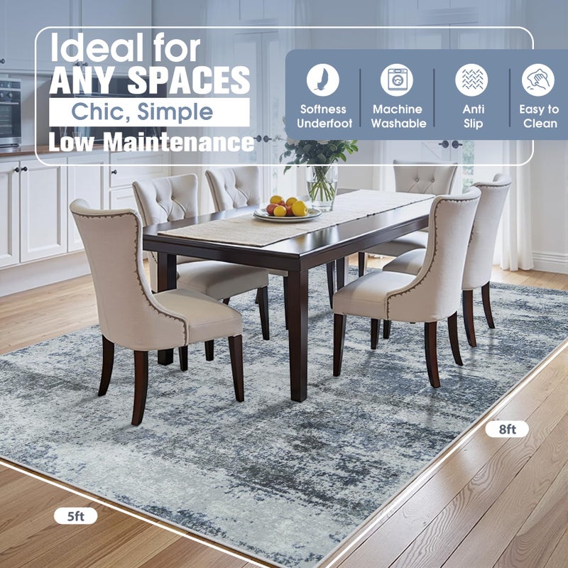 Aelenmu 5x8 Area Rugs for Living Room Rug Washable: Abstract Rug for Dining Room Bedroom Carpet Non Slip 5 by 8 Indoor Modern Nursery Home Office Blue Grey - Image 2