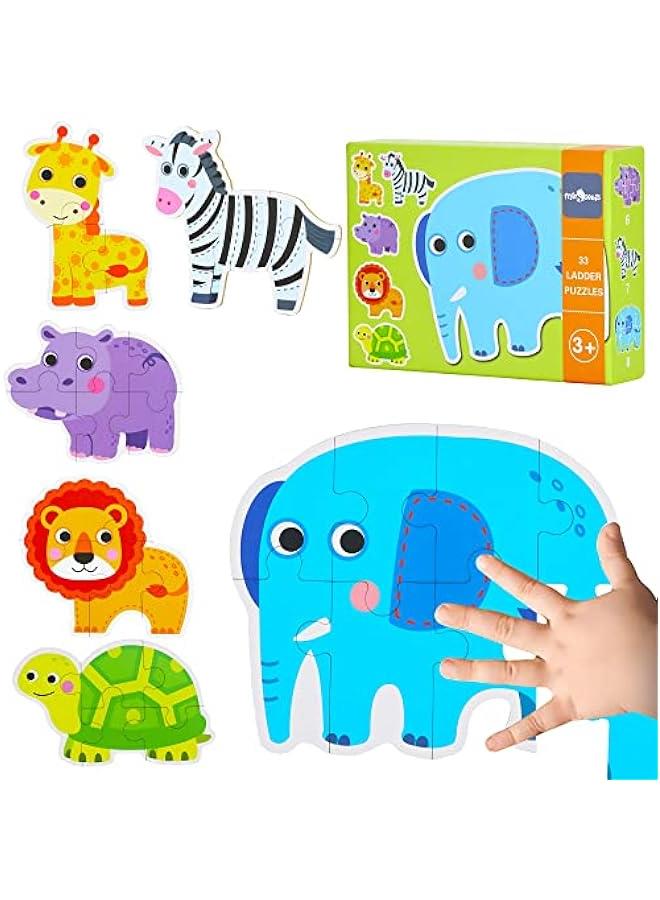 6 Packs Safari Animals Shaped Wooden Jigsaw Puzzles for Toddlers Ages 1-3, Level-up Puzzles for Beginner, Montessori Learning Toys Preschool Educational Activity for Kids Ages 2-5 - Image 1