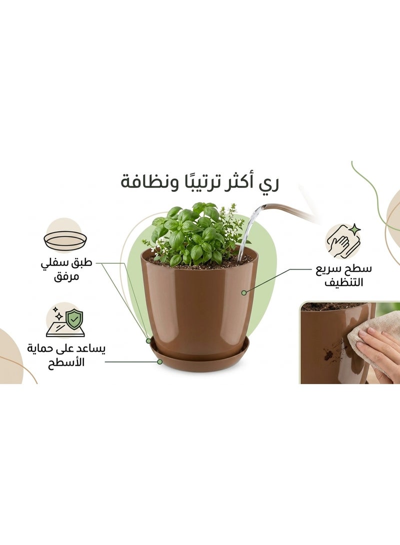 شالية زرع بلاستيك لامعة مع طبق، بني كاكاوي، قطر 30 سم - Image 3