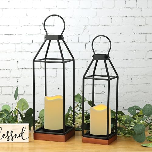 Perfnique Metal Lanterns w/ Pine Wood, Set of 2 Farmhouse Lantern Decorative w/ Waterproof Flameless Candle & Remote Timer, Modern Farmhouse Candle Holder for Outdoor, Porch, Fireplace(Wood Base) - Image 2