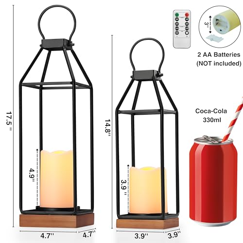 Perfnique Metal Lanterns w/ Pine Wood, Set of 2 Farmhouse Lantern Decorative w/ Waterproof Flameless Candle & Remote Timer, Modern Farmhouse Candle Holder for Outdoor, Porch, Fireplace(Wood Base) - Image 4