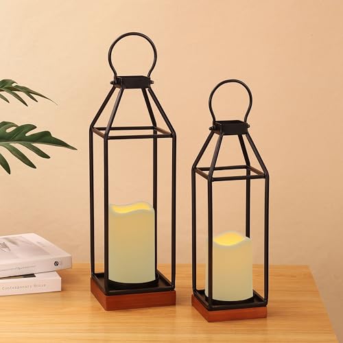 Perfnique Metal Lanterns w/ Pine Wood, Set of 2 Farmhouse Lantern Decorative w/ Waterproof Flameless Candle & Remote Timer, Modern Farmhouse Candle Holder for Outdoor, Porch, Fireplace(Wood Base) - Image 3