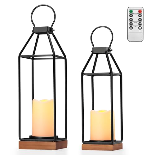 Perfnique Metal Lanterns w/ Pine Wood, Set of 2 Farmhouse Lantern Decorative w/ Waterproof Flameless Candle & Remote Timer, Modern Farmhouse Candle Holder for Outdoor, Porch, Fireplace(Wood Base) - Image 1