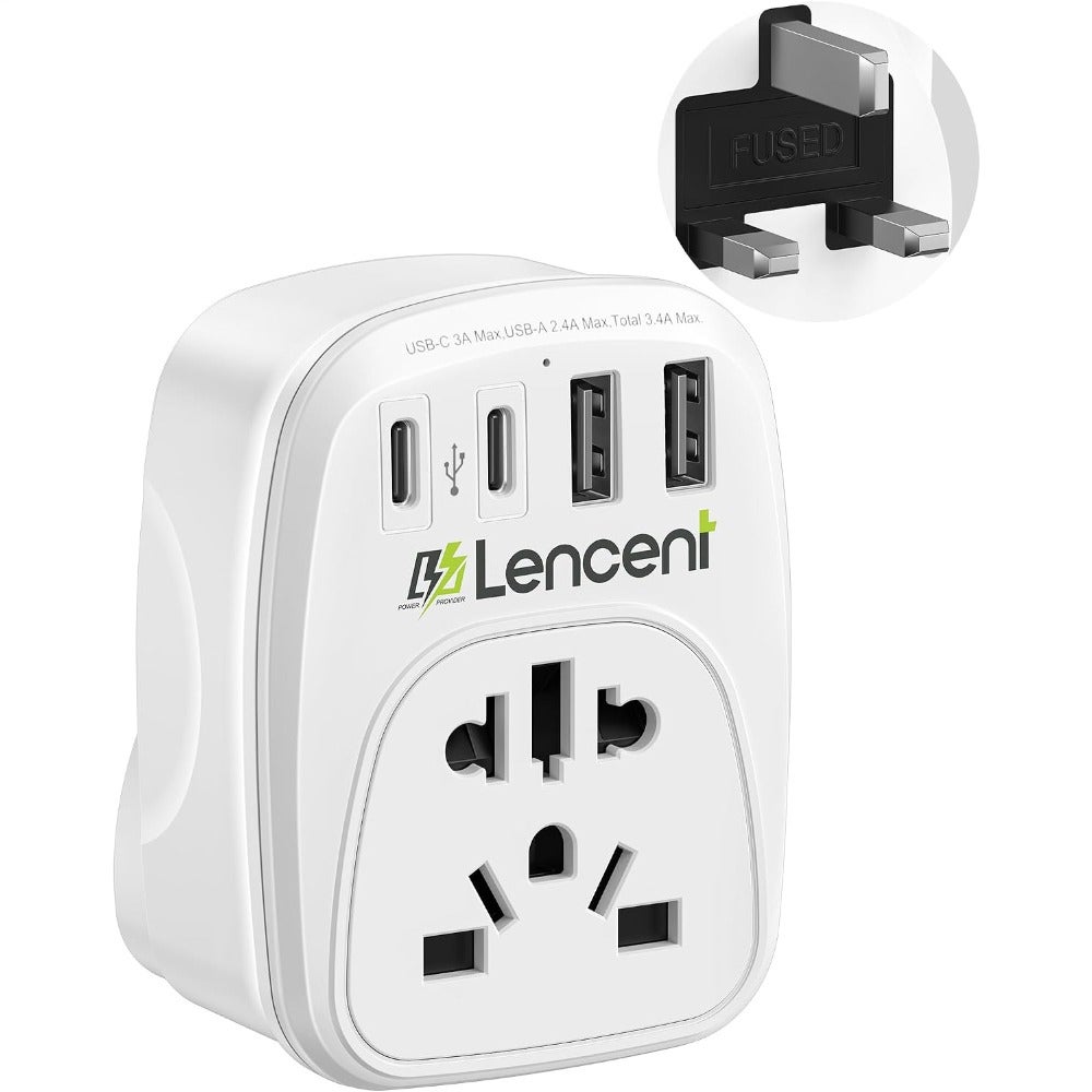 Travel plug adapter for EU/USA to UK use, ABS plastic, black, compact dual-voltage design with 2 USB-C and 2 USB ports for worldwide compatibility