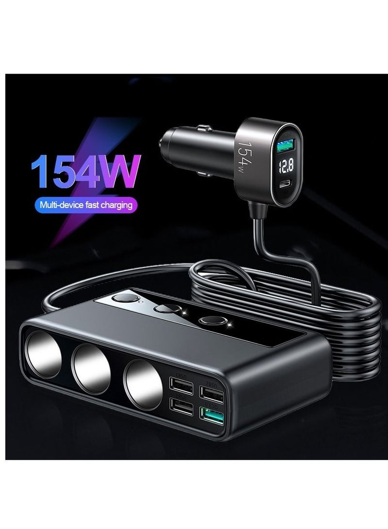 KASTWAVE Car Charger Adapter, 9 in 1, 3 Socket Cigarette Lighter Splitter with PD/QC 3.0 * 2 Charge(3.3FT Cable), Cast Charge, Independent Switches DC Cigarette Outlet Car Charger for All Car Devices - Image 2