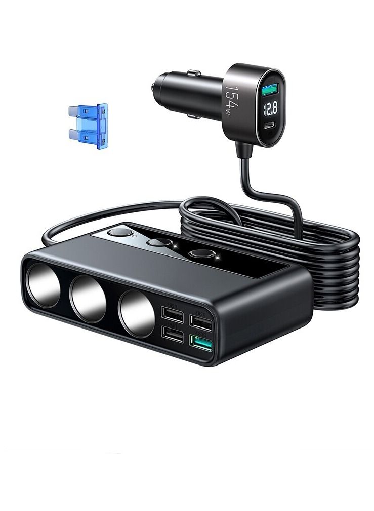 KASTWAVE Car Charger Adapter, 9 in 1, 3 Socket Cigarette Lighter Splitter with PD/QC 3.0 * 2 Charge(3.3FT Cable), Cast Charge, Independent Switches DC Cigarette Outlet Car Charger for All Car Devices - Image 1