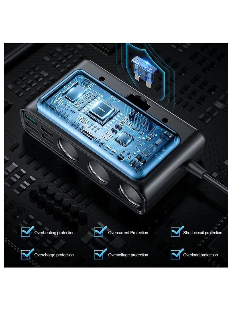 KASTWAVE Car Charger Adapter, 9 in 1, 3 Socket Cigarette Lighter Splitter with PD/QC 3.0 * 2 Charge(3.3FT Cable), Cast Charge, Independent Switches DC Cigarette Outlet Car Charger for All Car Devices - Image 3