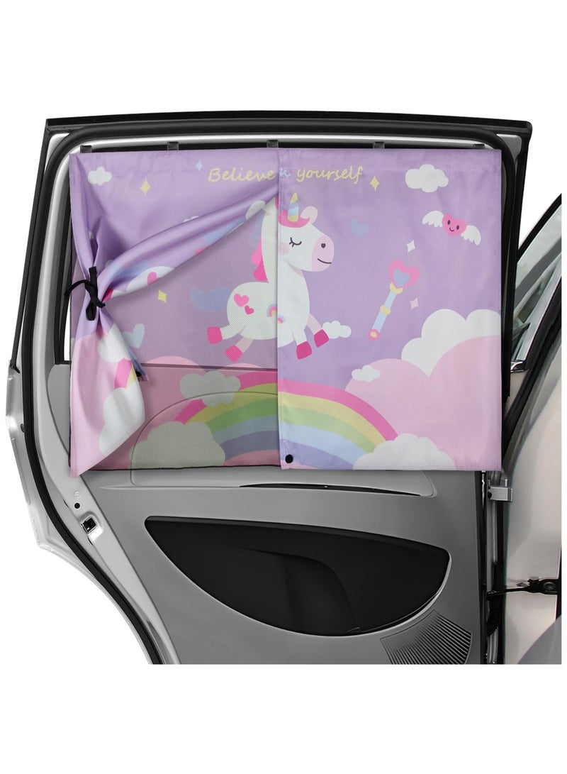 AUTOYSUR Car Window Shade for Baby, Magnetic Double Layer Car Sun Shade for Side Windows Full Shade & Half Shade Options Cartoon Patterns Car Window Curtain for Heat/UV Protection, Purple-Unicorn - Image 1