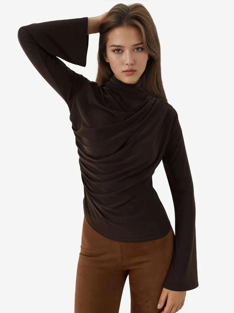 HICCUP Elegant Long Sleeve Slim Fit Crew Neck Drapped Top