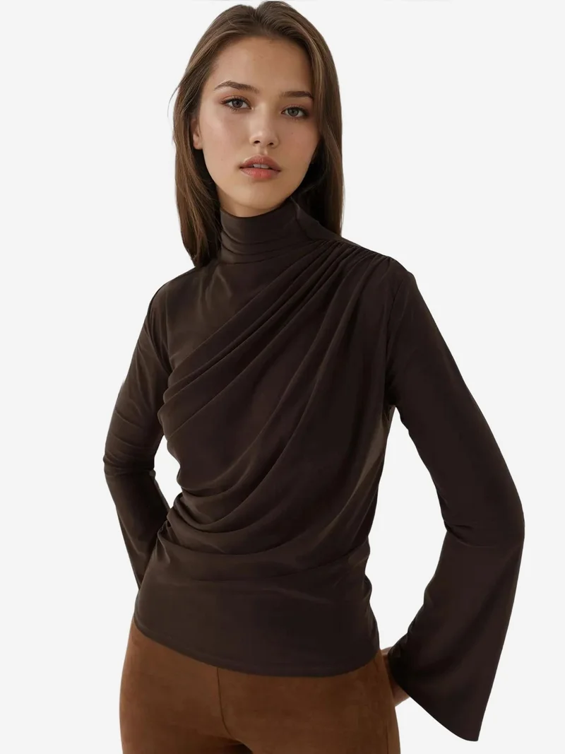 HICCUP Draped Half Turtleneck Long Sleeve Slim Fit Top