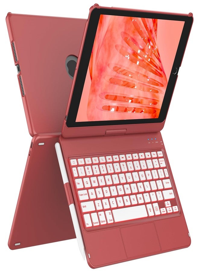 amzcase جراب لوحة مفاتيح aMZCaSE لجهاز iPad الجيل التاسع (10.2 بوصة، 2021)، بإضاءة خلفية ملونة، غطاء نحيف بزاوية 360 درجة، جراب لوحة مفاتيح مع حامل قلم، متوافق مع iPad الجيل الثامن 2020، والجيل السابع 2019، خاصية التنبيه/التشغيل الذكي، لون أحمر كلاسيكي - Image 1