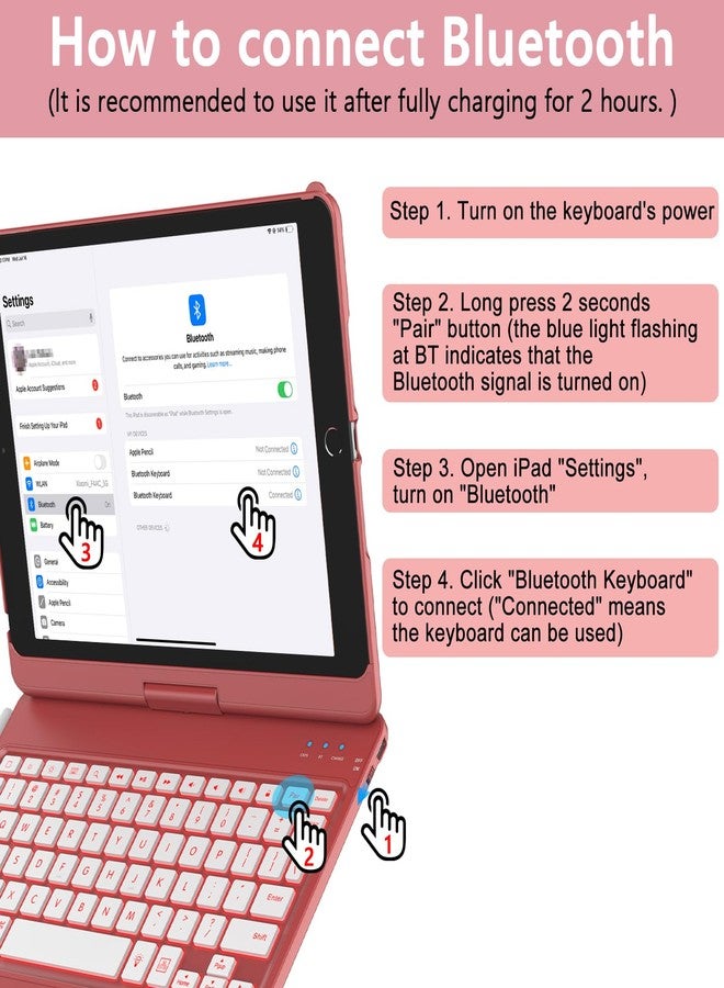 amzcase جراب لوحة مفاتيح aMZCaSE لجهاز iPad الجيل التاسع (10.2 بوصة، 2021)، بإضاءة خلفية ملونة، غطاء نحيف بزاوية 360 درجة، جراب لوحة مفاتيح مع حامل قلم، متوافق مع iPad الجيل الثامن 2020، والجيل السابع 2019، خاصية التنبيه/التشغيل الذكي، لون أحمر كلاسيكي - Image 5